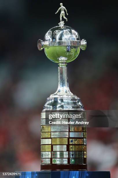 Detail of the Libertadores trophy prior to a match between Athletico Paranaense and Palmeiras as part of Recopa Sudamericana 2022 at Arena da Baixada...