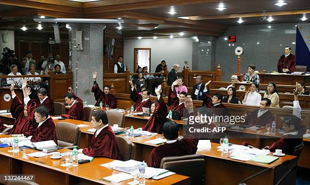 Philippine Senators, acting as judges in the impeachment trial of Supreme Court Chief Justice Renato Corona, raise their hands to vote to uphold the...