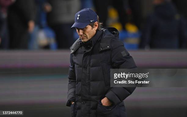 Tottenham Head Coach Antonio Conte leaves the field after the Premier League match between Burnley and Tottenham Hotspur at Turf Moor on February 23,...