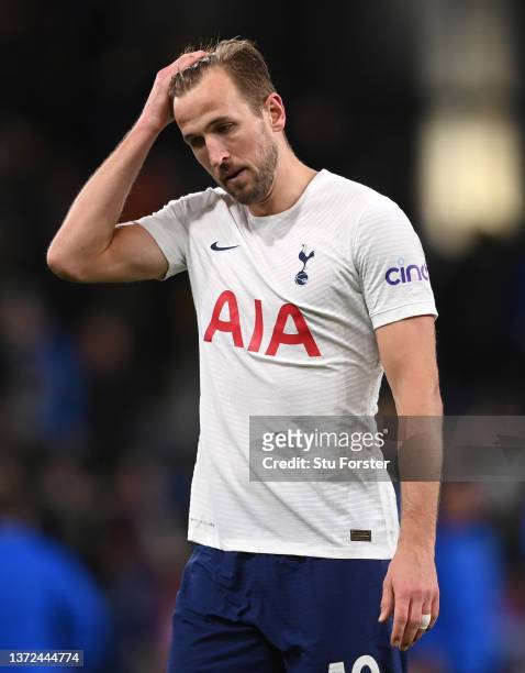 Spurs striker Harry Kane reacts as he leaves the field after the Premier League match between Burnley and Tottenham Hotspur at Turf Moor on February...