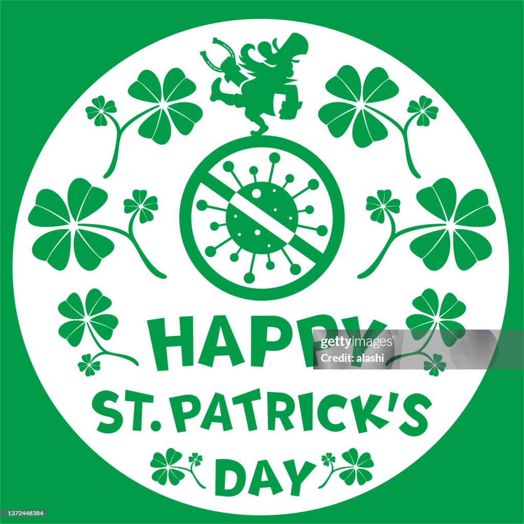 The mysterious leprechaun holding a lucky horseshoe and walking on the "Happy St. Patrick's Day" handwriting text and a prohibition sign with the "No Coronavirus (Covid19 Free Icon)" symbol