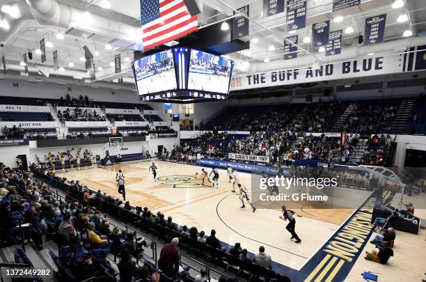 The George Washington Colonials play against the Rhode Island Rams at Charles E. Smith Athletic Center on February 19, 2022 in Washington, DC.