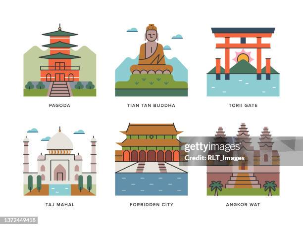 ilustrações de stock, clip art, desenhos animados e ícones de travel landmarks of asia — brightline icon series - japanese statue