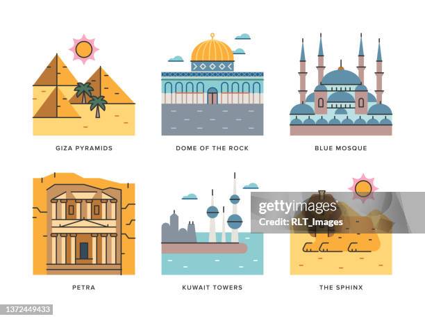 travel landmarks of the middle east — brightline large icon series - kuwait landmark stock illustrations