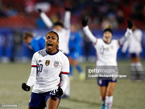Catarina Macario of the USA celebrates after scoring a goal against Iceland in the first half during the 2022 SheBelieves Cup at Toyota Stadium on...