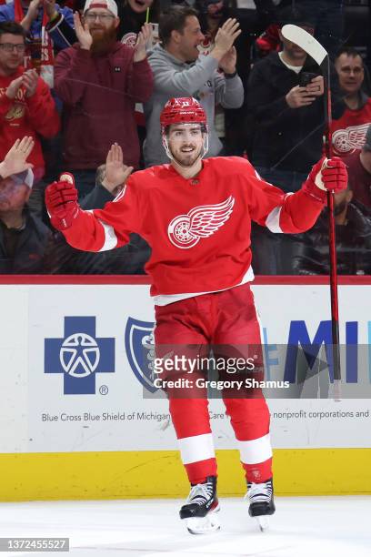 Filip Zadina of the Detroit Red Wings celebrates his second period gaol against the Colorado Avalanche at Little Caesars Arena on February 23, 2022...