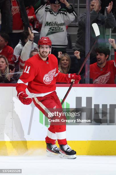 Filip Zadina of the Detroit Red Wings celebrates his second period gaol against the Colorado Avalanche at Little Caesars Arena on February 23, 2022...