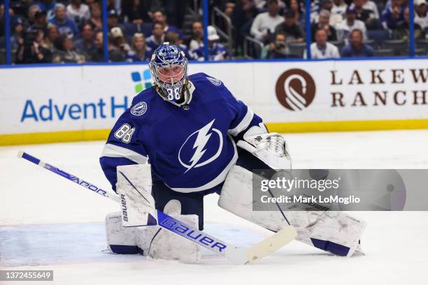 Goalie Andrei Vasilevskiy of the Tampa Bay Lightning skates against the Edmonton Oilers during the second period at Amalie Arena on February 23, 2022...