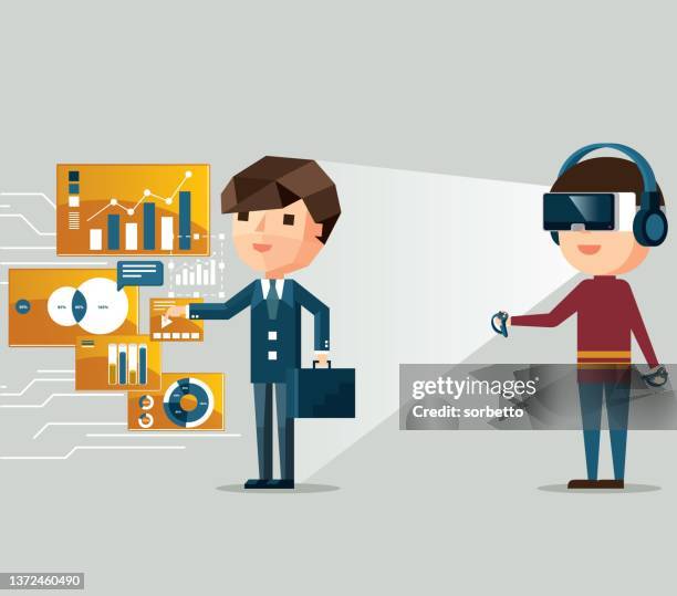 businessman - 3d isometric - virtual reality simulator touching screen stock illustrations