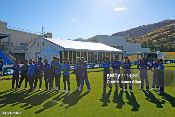 The Indian team looks on after winning game five during game five in the One Day International series between the New Zealand White Ferns and India...