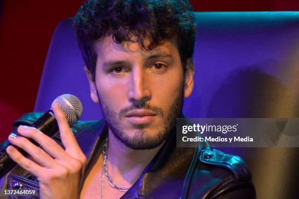 Colombian singer Sebastián Yatra looks at the camera during a press conference ahead of his concert at Auditorio Nacional on February 23, 2022 in...