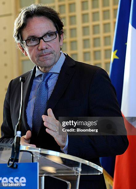 Frederic Lefebvre, France's secretary of state for small businesses, gestures while speaking during the annual press briefing at the Ministry of the...