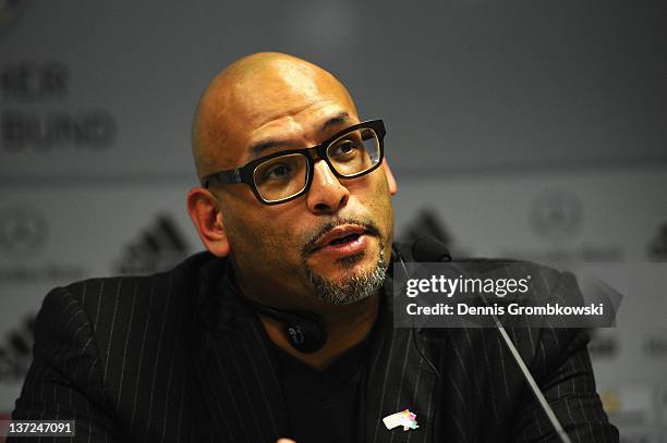 Former NBA player John Amaechi speaks during a press conference at the DFB Dialog Forum 'Vor dem Ball sind alle gleich - Sexuelle Identitaeten im...