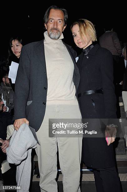 Giovanni Gastel and Francesca Senette attend the Giorgio Armani fashion show as part of Milan Fashion Week Menswear Autumn/Winter 2012 on January 17,...