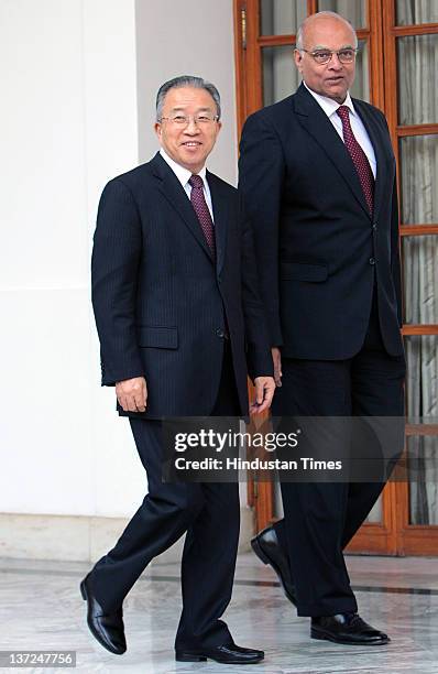 Indian National Security Adviser Shivshankar Menon appears with Chinese State Councilor Dai Bingguo before the 15th Round of India-China Special...