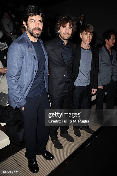 Pierfranesco Favino, Alessandro Siani and Giorgio Pasotti attend the Giorgio Armani fashion show as part of Milan Fashion Week Menswear Autumn/Winter...