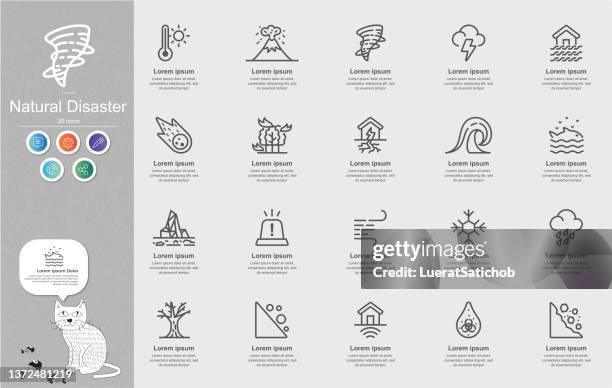 natural disaster line icons content infographic - natural disaster stock illustrations
