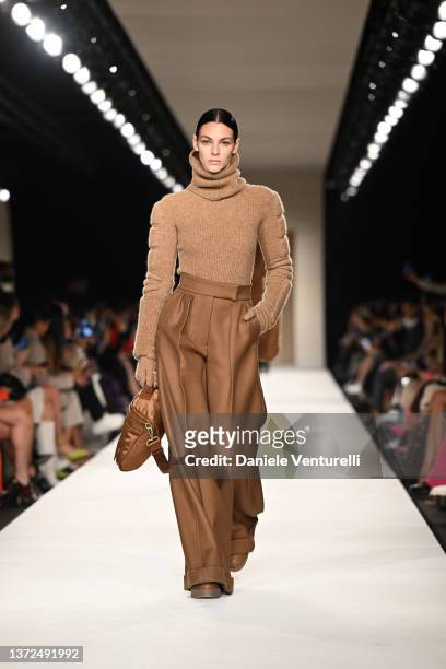 Vittoria Ceretti walks the runway at the Max Mara fashion show during the Milan Fashion Week Fall/Winter 2022/2023 on February 24, 2022 in Milan,...