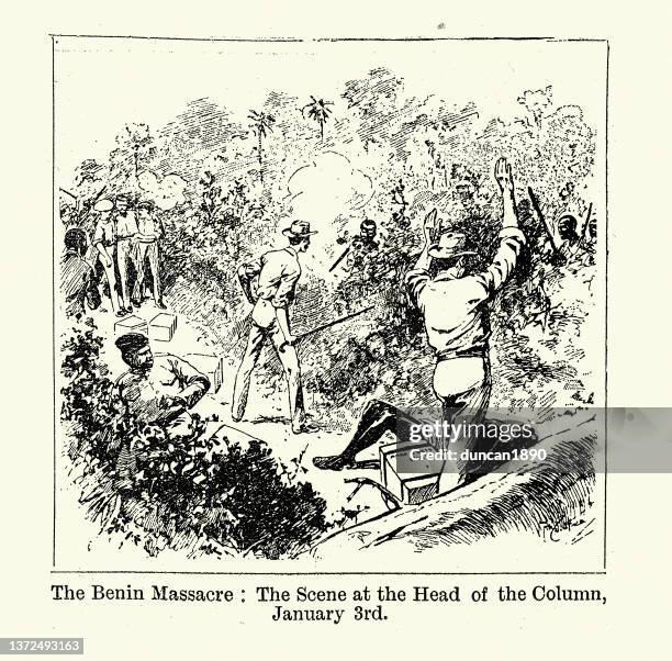 the benin massacre, ambush of james phillips, column, 1897, 19th century - benin city stock illustrations