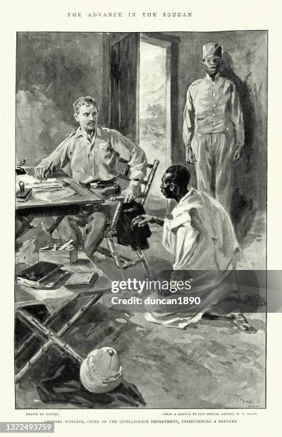 colonel reginald wingate british military intelligence, interviewing a refugee, sudan campaign, 1897, 19th century - mi6 stock illustrations