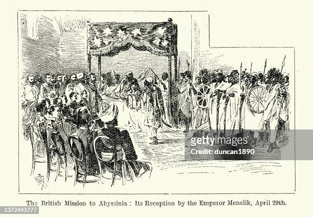 ilustraciones, imágenes clip art, dibujos animados e iconos de stock de misión británica a abisinia, recepción por el emperador menelik, victoriano siglo 19 - diplomacia