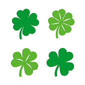 Shamrock icons, Four leaf clover icons, Clover symbol of St. Patrick's Day, Lucky clover, Vector illustration