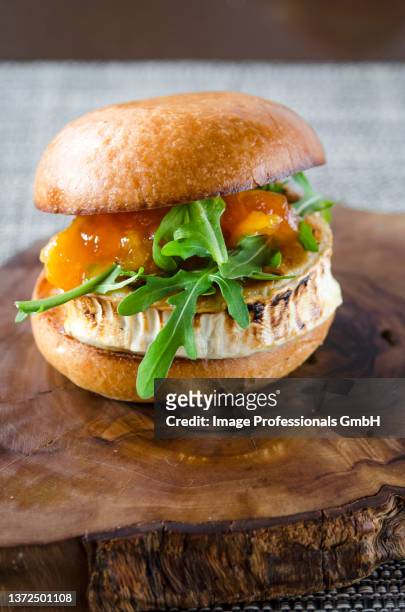 a slider with grilled goat's cheese, rocket and mango chutney - little burger fotografías e imágenes de stock