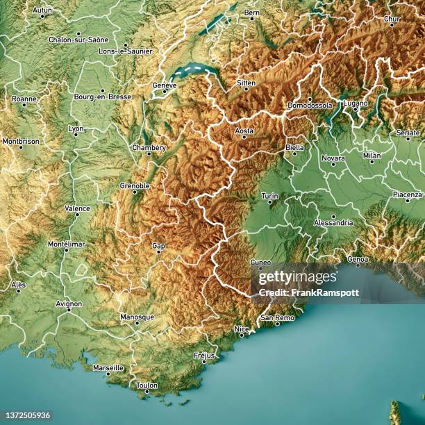 français et alpes italiennes rendu 3d carte topographique couleur villes frontalières - massif mont blanc photos et images de collection