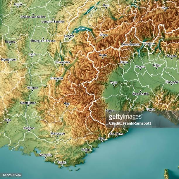french and italian alps 3d render topographic map color border cities - 3d french stock pictures, royalty-free photos & images