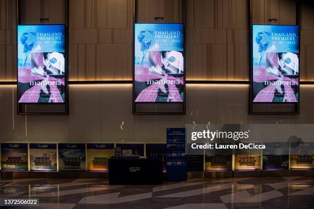 Posters advertising the Bangkok premiere of 'Memoria' on February 24, 2022 in Bangkok, Thailand. Actress Tilda Swinton joins Thai Director...