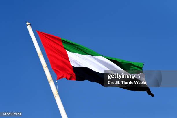 Detail view of the United Arab Emirates flag during the 4th UAE Tour 2022 - Stage 5 a 182km stage from Ras al Khaimah Corniche to Al Marjan Island /...