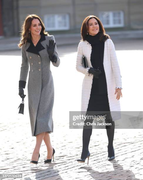 Catherine, Duchess of Cambridge and Mary, Crown Princess of Denmark attend Christian IX's Palace on February 23, 2022 in Copenhagen, Denmark. The...