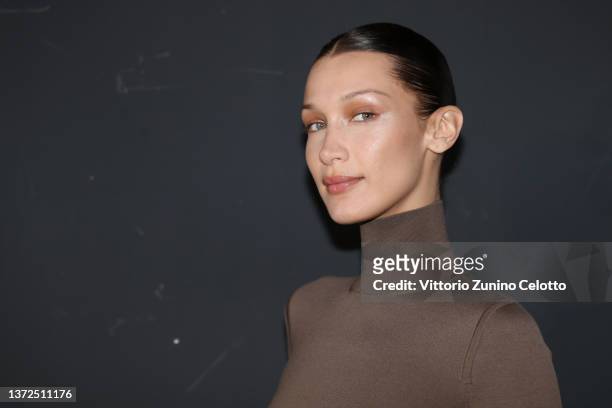 Bella Hadid poses backstage of the Max Mara fashion show during the Milan Fashion Week Fall/Winter 2022/2023 on February 24, 2022 in Milan, Italy.