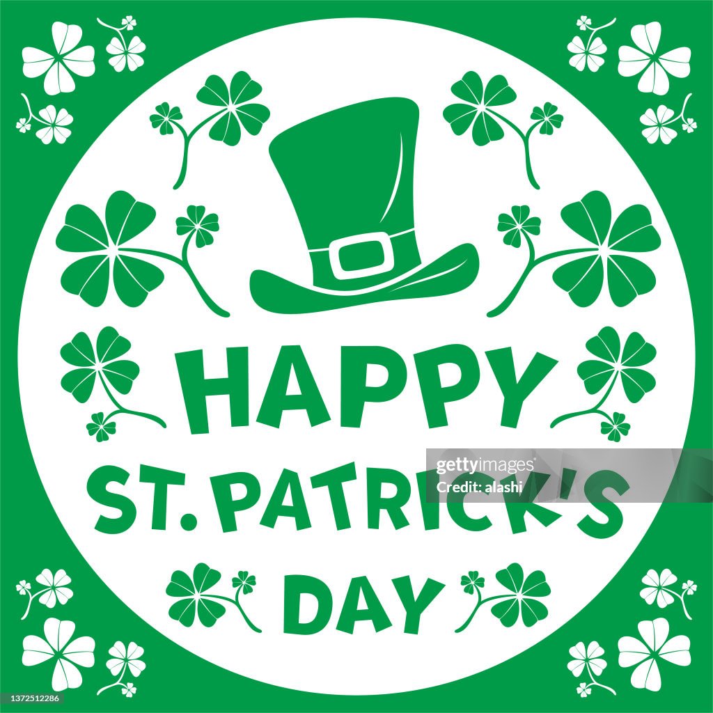 Happy St. Patrick's Day hand-drawn lettering logotype with Irish top hat and four-leaf clover decoration