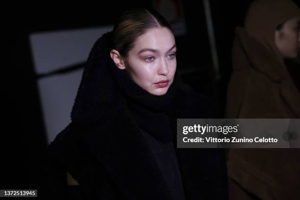 Gigi Hadid poses backstage of the Max Mara fashion show during the Milan Fashion Week Fall/Winter 2022/2023 on February 24, 2022 in Milan, Italy.