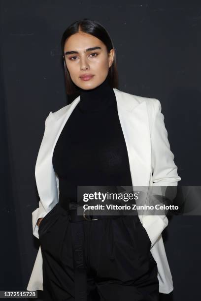 Jill Kortleve poses backstage of the Max Mara fashion show during the Milan Fashion Week Fall/Winter 2022/2023 on February 24, 2022 in Milan, Italy.