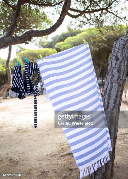 bikini and towel hanging on clothesline at camsite - striped towel stock pictures, royalty-free photos & images