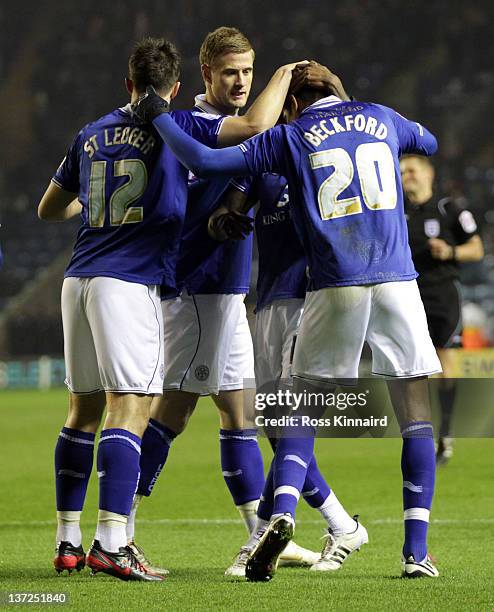 Jermaine Beckford of Leicester celebrates after he scores the opening goal during the FA Cup 3rd round replay between Leicester City and Nottingham...
