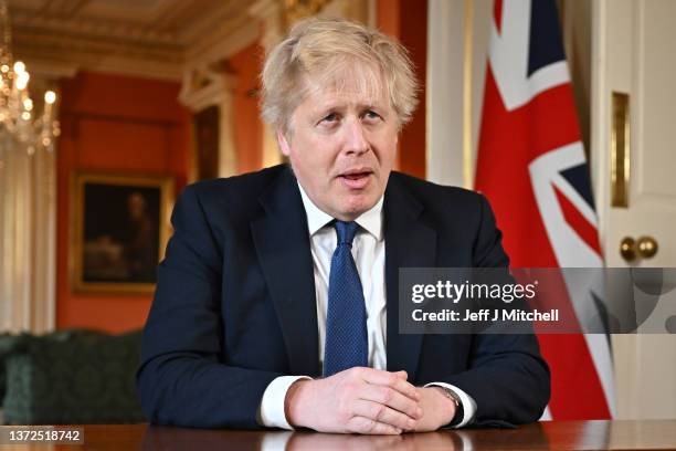 Prime Minister Boris Johnson records an address at Downing Street after he chaired an emergency Cobra meeting to discuss the UK response to the...