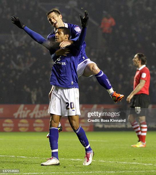 Jermaine Beckford of Leicester celebrates after he scores his second goal during the FA Cup 3rd round replay between Leicester City and Nottingham...