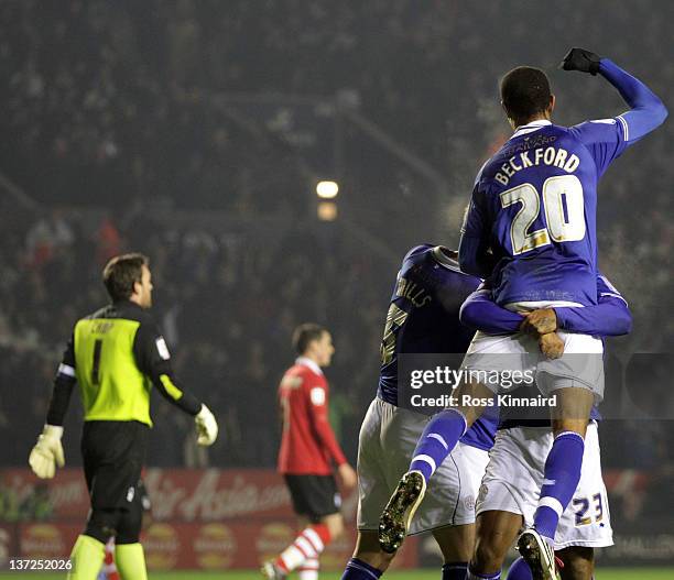 Jermaine Beckford of Leicester celebrates after he scores his second goal during the FA Cup 3rd round replay between Leicester City and Nottingham...