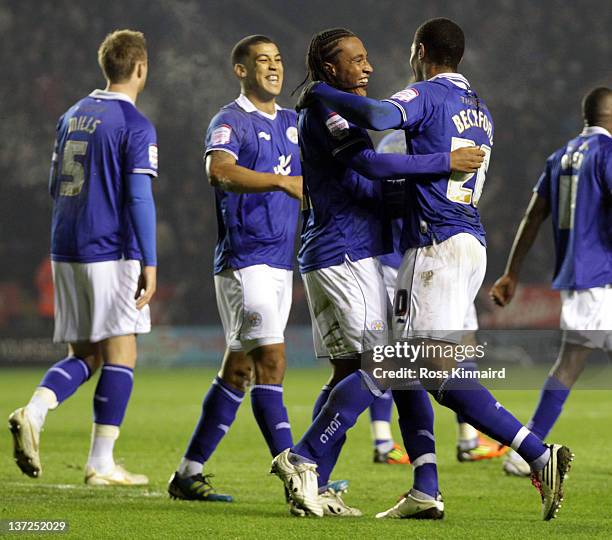 Jermaine Beckford of Leicester celebrates after he scores his second goal during the FA Cup 3rd round replay between Leicester City and Nottingham...