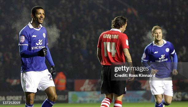 Jermaine Beckford of Leicester celebrates after he scores the opening goal during the FA Cup 3rd round replay between Leicester City and Nottingham...