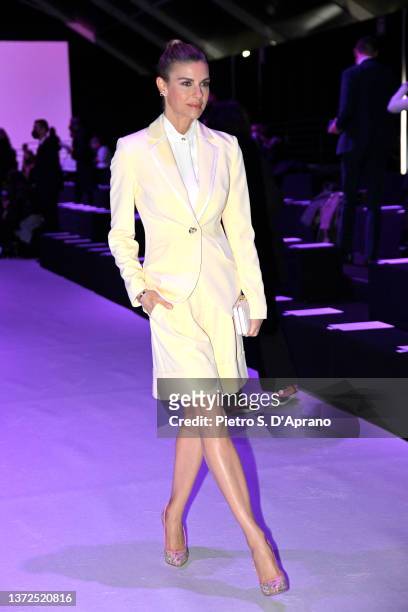 Martina Colombari is seen on the front row of the Genny fashion show during the Milan Fashion Week Fall/Winter 2022/2023 on February 24, 2022 in...