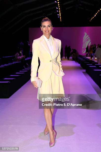 Martina Colombari is seen on the front row of the Genny fashion show during the Milan Fashion Week Fall/Winter 2022/2023 on February 24, 2022 in...
