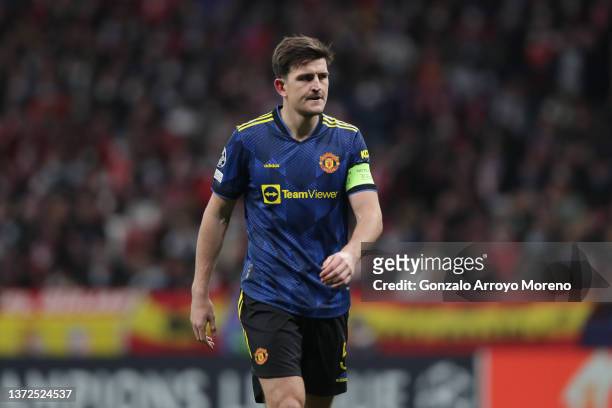 Captain Harry Maguire of Manchester United in action during the UEFA Champions League Round Of Sixteen Leg One match between Atletico Madrid and...