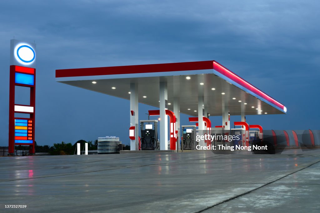 Gas station exterior night lights