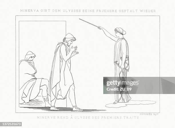 illustrazioni stock, clip art, cartoni animati e icone di tendenza di minerva restaura ulisse alla sua forma (odissea), pubblicato nel 1833 - minerva