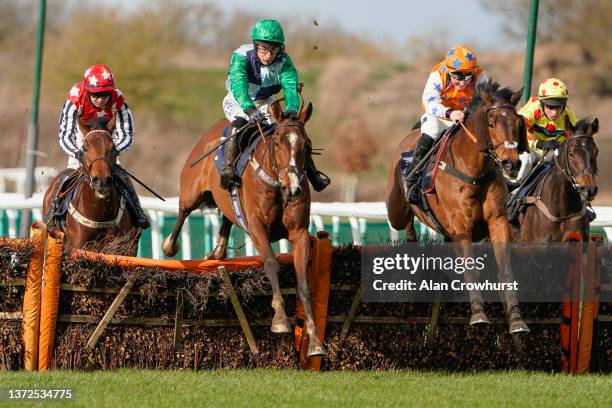 Rex Dingle riding Pilsdon Pen clear the last to win The Join Racing TV Now Handicap Hurdle at Huntingdon Racecourse on February 24, 2022 in...