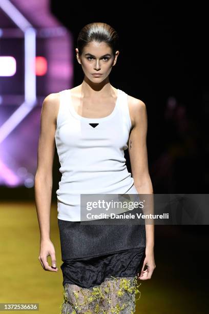 Kaia Gerber walks the runway at the Prada fashion show during the Milan Fashion Week Fall/Winter 2022/2023 on February 24, 2022 in Milan, Italy.